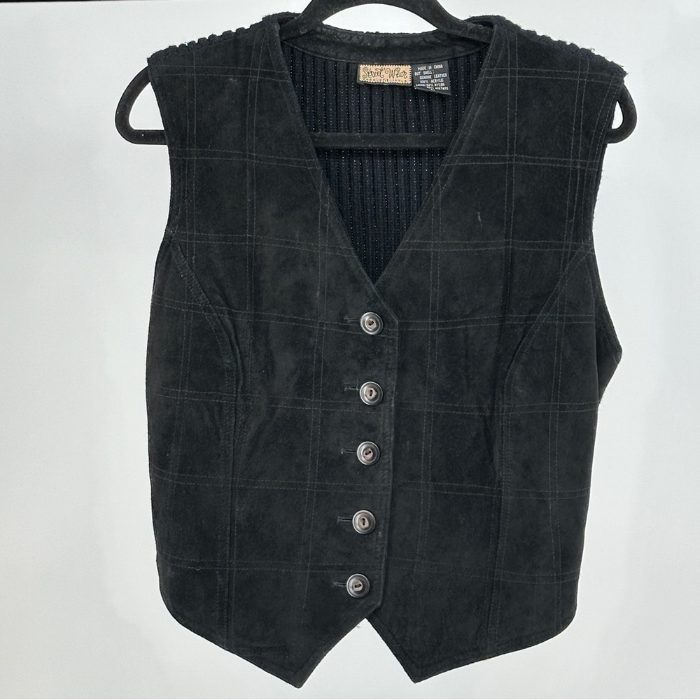 Women’s Large Black Suede Knit Button-Up Vest Monochrome Contemporary‎